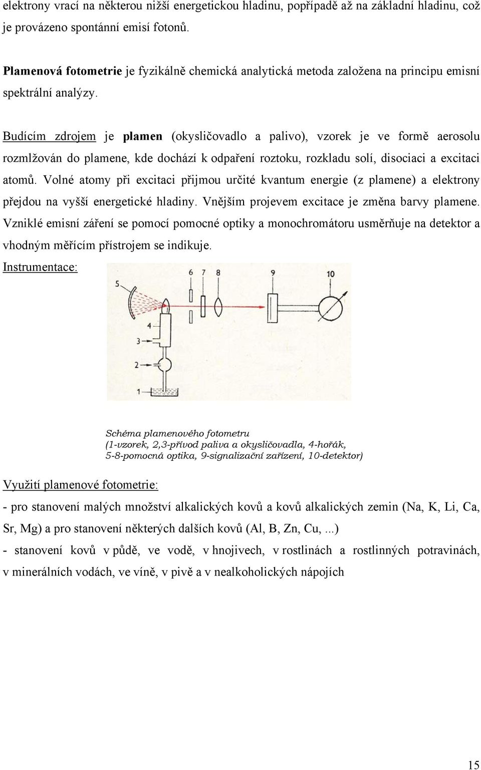 Budícím zdrojem je plamen (okysličovadlo a palivo), vzorek je ve formě aerosolu rozmlžován do plamene, kde dochází k odpaření roztoku, rozkladu solí, disociaci a excitaci atomů.