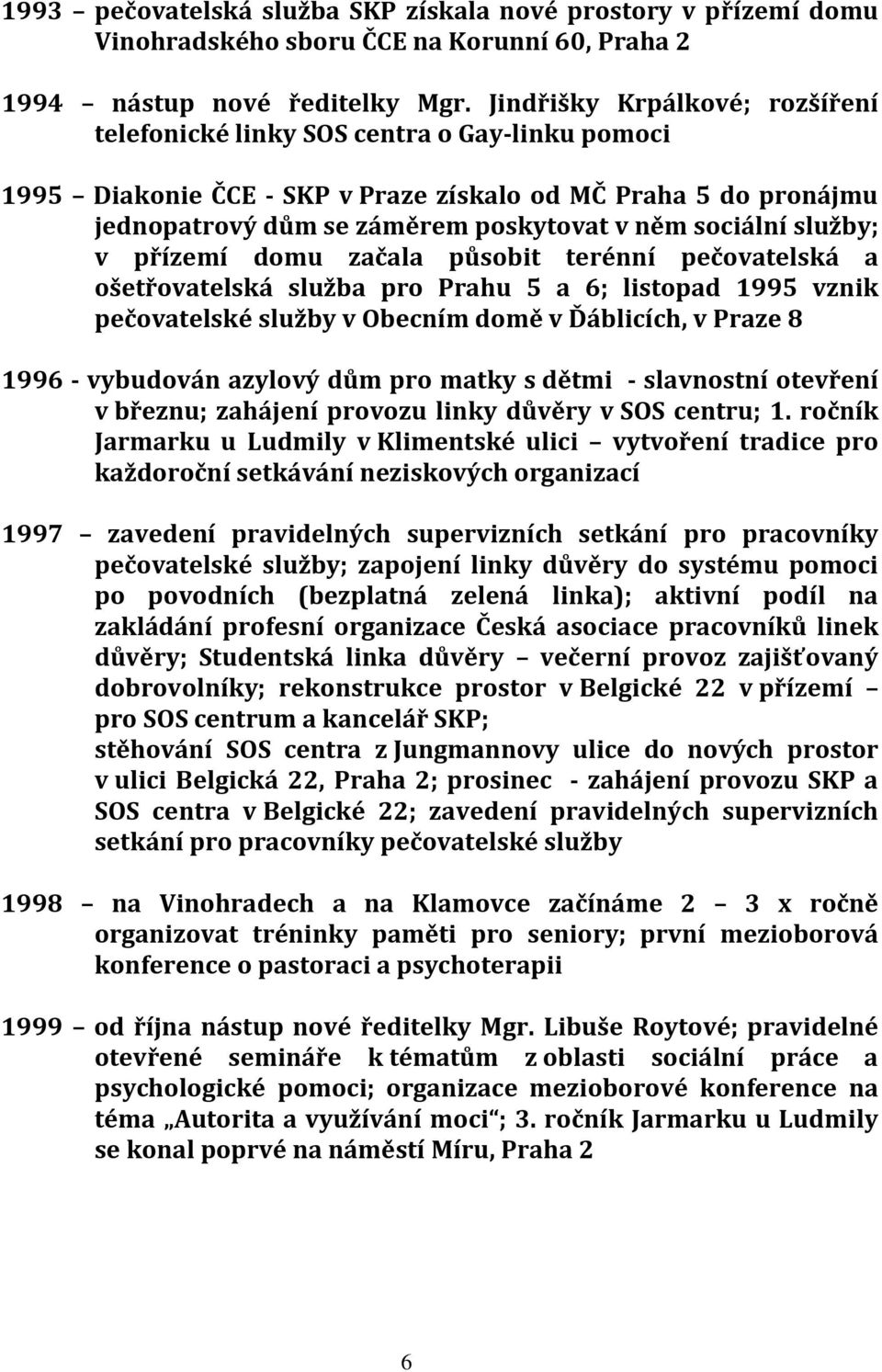 dmu začala půsbit terénní pečvatelská a šetřvatelská služba pr Prahu 5 a 6; listpad 1995 vznik pečvatelské služby v Obecním dmě v Ďáblicích, v Praze 8 1996 - vybudván azylvý dům pr matky s dětmi -