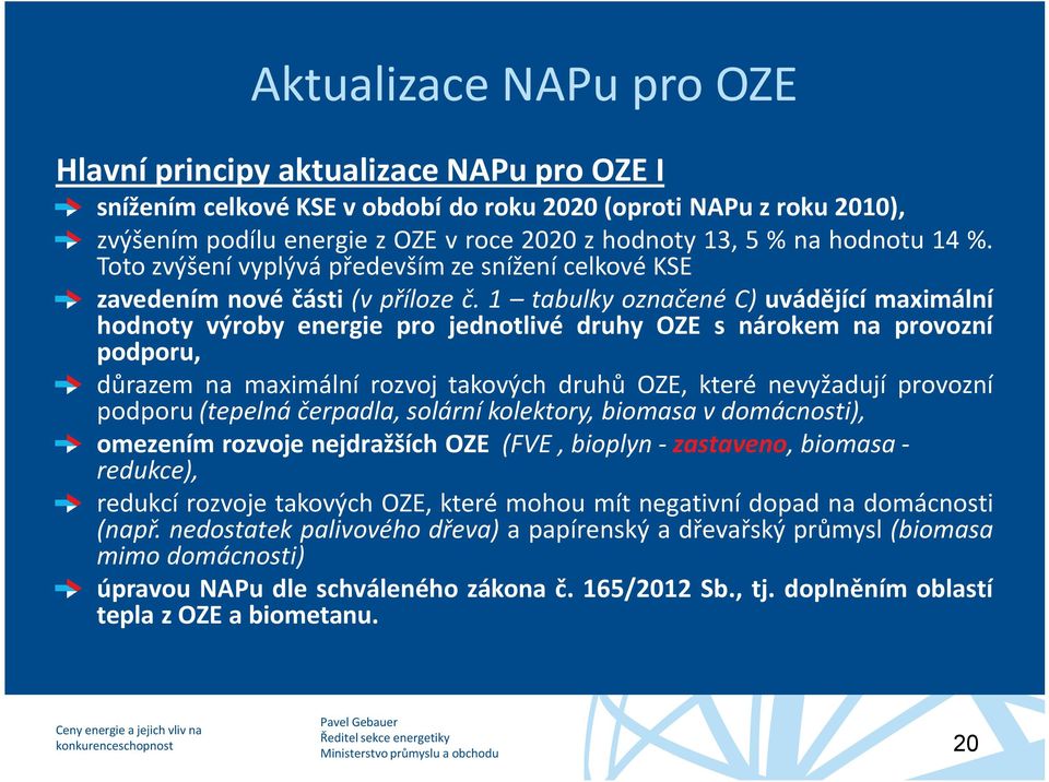 1 tabulky označené C) uvádějící maximální hodnoty výroby energie pro jednotlivé druhy OZE s nárokem na provozní podporu, důrazem na maximální rozvoj takových druhů OZE, které nevyžadují provozní