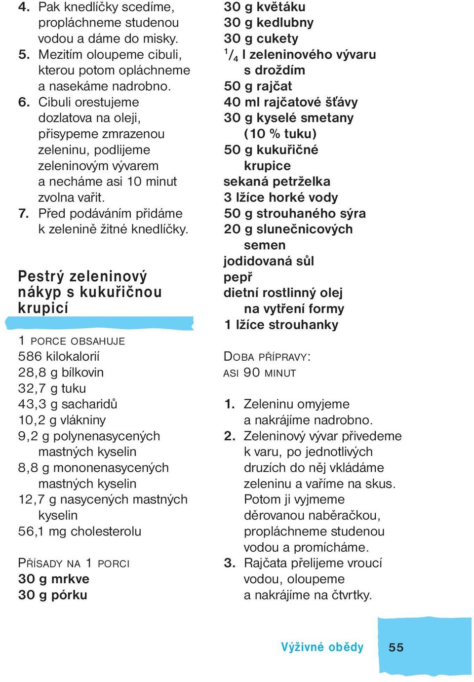 Pestrý zeleninový nákyp s kukuřičnou krupicí 1 porce obsahuje 586 kilokalorií 28,8 g bílkovin 32,7 g tuku 43,3 g sacharidů 10,2 g vlákniny 9,2 g polynenasycených mastných kyselin 8,8 g