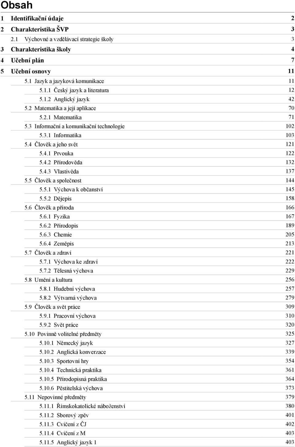 5 Člověk a společnost 144 5.5.1 Výchova k občanství 145 5.5.2 Dějepis 158 5.6 Člověk a příroda 166 5.6.1 Fyzika 167 5.6.2 Přírodopis 189 5.6.3 Chemie 205 5.6.4 Zeměpis 213 5.7 Člověk a zdraví 221 5.7.1 Výchova ke zdraví 222 5.