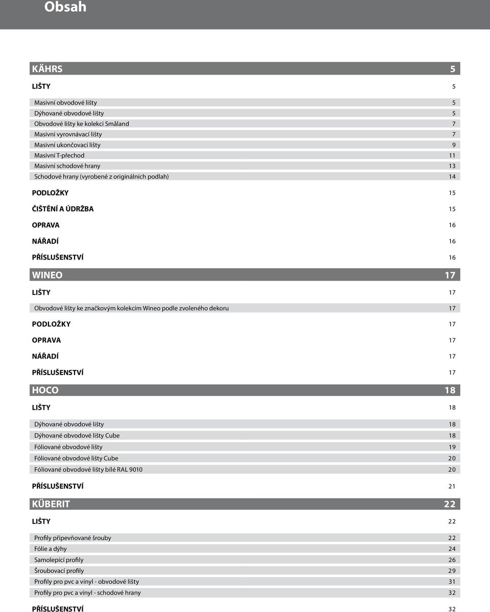 podle zvoleného dekoru 17 PODLOŽKY 17 OPRAVA 17 NÁŘADÍ 17 PŘÍSLUŠENSTVÍ 17 HOCO 18 LIŠTY 18 Dýhované obvodové lišty 18 Dýhované obvodové lišty Cube 18 Fóliované obvodové lišty 19 Fóliované obvodové
