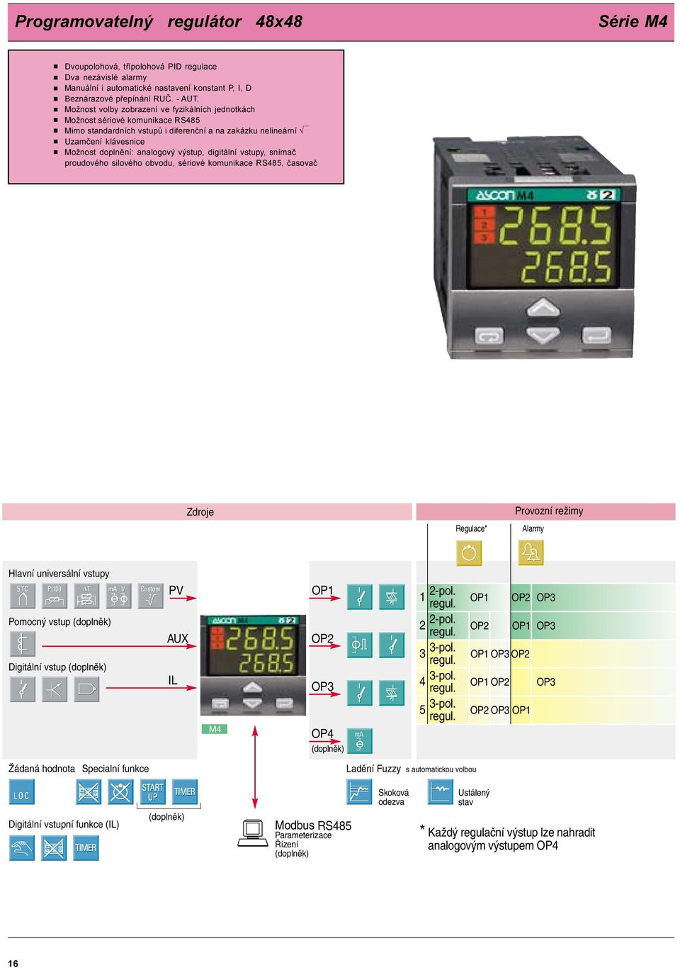 digitální vstupy, snímaè proudového silového obvodu, sériové komunikace RS48, èasovaè Zdroje Regulace* Provozní režimy Alarmy Hlavní universální vstupy PV OP -pol. OP OP OP regul.