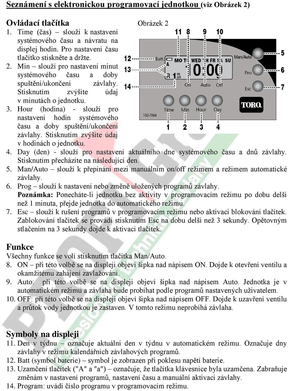 Hour (hodina) - slouží pro nastavení hodin systémového času a doby spuštění/ukončení závlahy. Stisknutím zvýšíte údaj v hodinách o jednotku. 4.