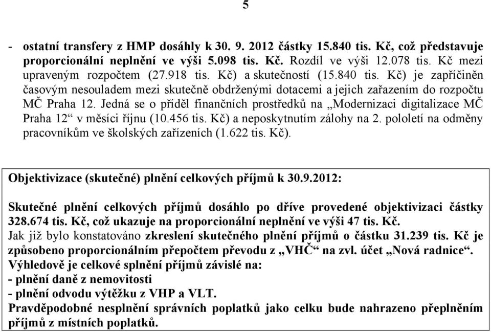 Jedná se o příděl finančních prostředků na Modernizaci digitalizace MČ Praha 12 v měsíci říjnu (10.456 tis. Kč) a neposkytnutím zálohy na 2. pololetí na odměny pracovníkům ve školských zařízeních (1.