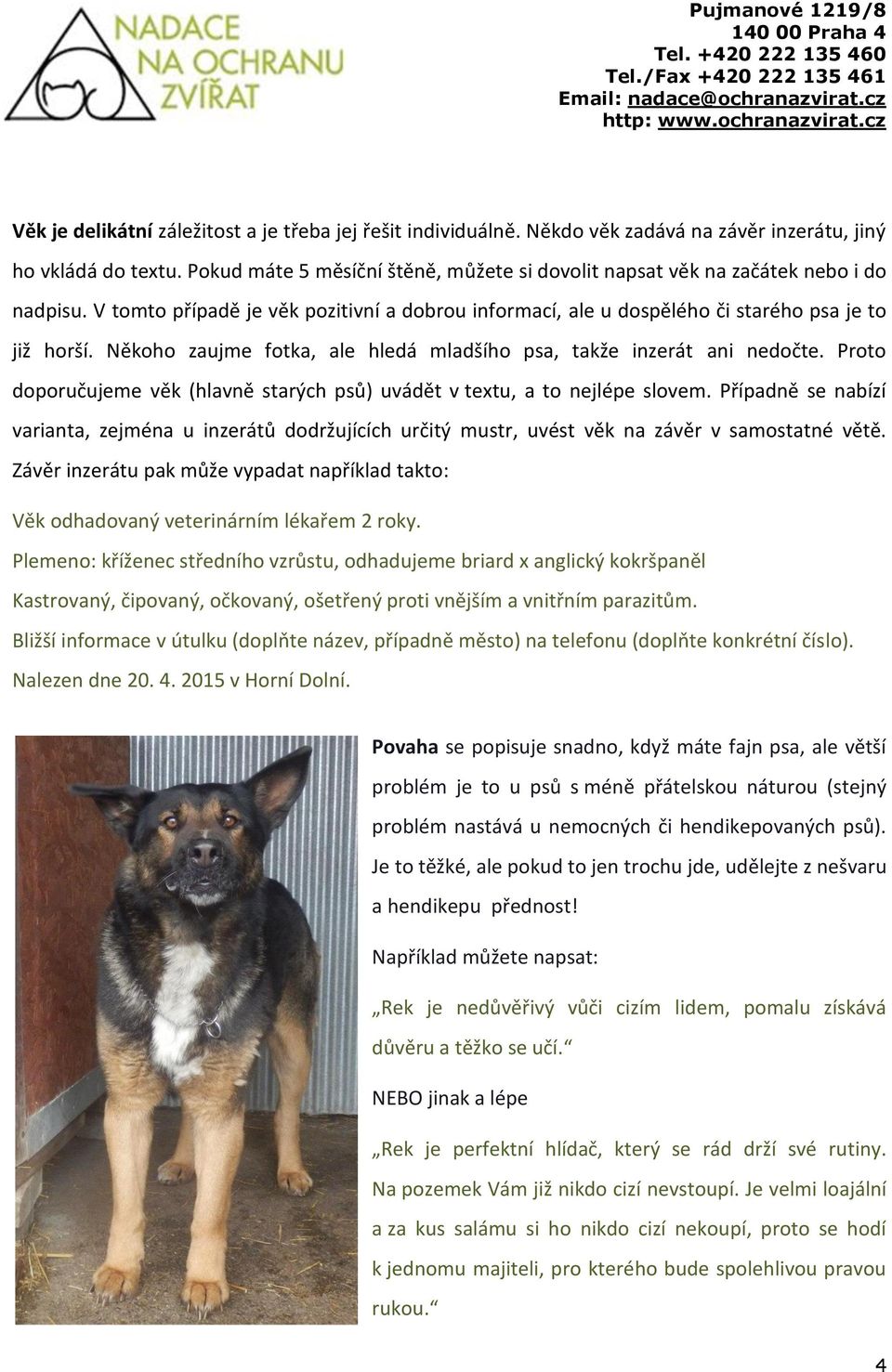 Někoho zaujme fotka, ale hledá mladšího psa, takže inzerát ani nedočte. Proto doporučujeme věk (hlavně starých psů) uvádět v textu, a to nejlépe slovem.