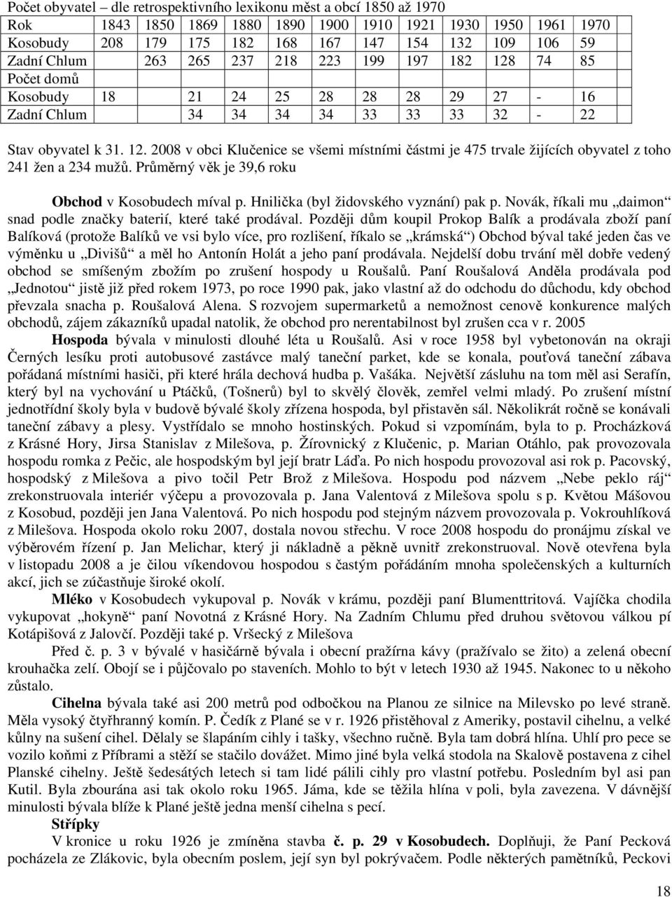 Průměrný věk je 39,6 roku Obchod v Kosobudech míval p. Hnilička (byl židovského vyznání) pak p. Novák, říkali mu daimon snad podle značky baterií, které také prodával.