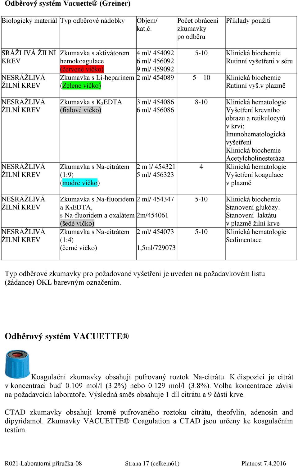 ml/ 456092 9 ml/ 459092 5-10 Klinická biochemie Rutinní vyšetření v séru 2 ml/ 454089 5 10 Klinická biochemie Rutinní vyš.