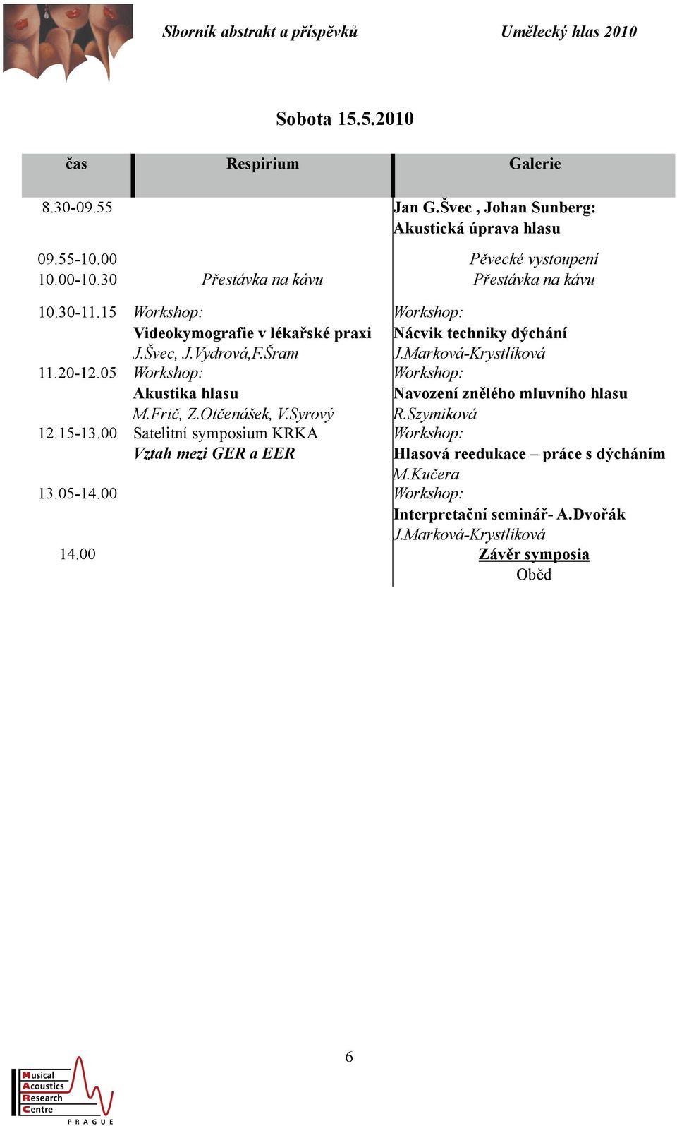 Frič, Z.Otčenášek, V.Syrový 12.15-13.00 Satelitní symposium KRKA Vztah mezi GER a EER Workshop: Nácvik techniky dýchání J.