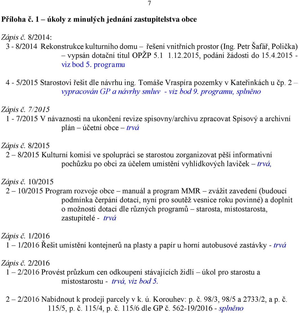 programu, splněno Zápis č. 7/2015 1-7/2015 V návaznosti na ukončení revize spisovny/archivu zpracovat Spisový a archivní plán účetní obce trvá Zápis č.