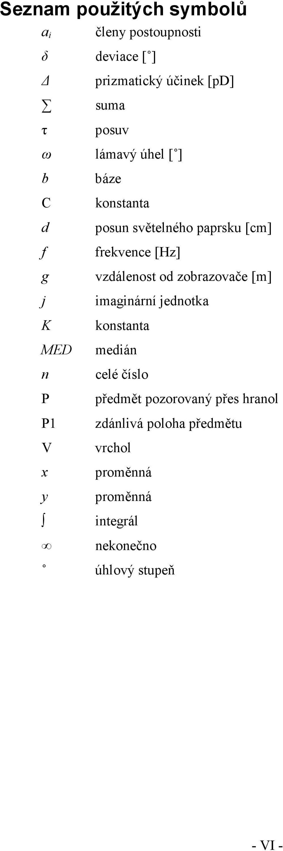 frekvence [Hz] vzdálenost od zobrazovače [m] imaginární jednotka konstanta medián celé číslo předmět