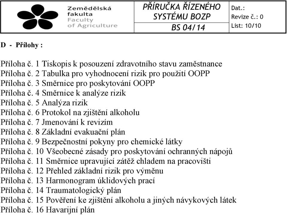 8 Základní evakuační plán Příloha č. 9 Bezpečnostní pokyny pro chemické látky Příloha č. 10 Všeobecné zásady pro poskytování ochranných nápojů Příloha č.