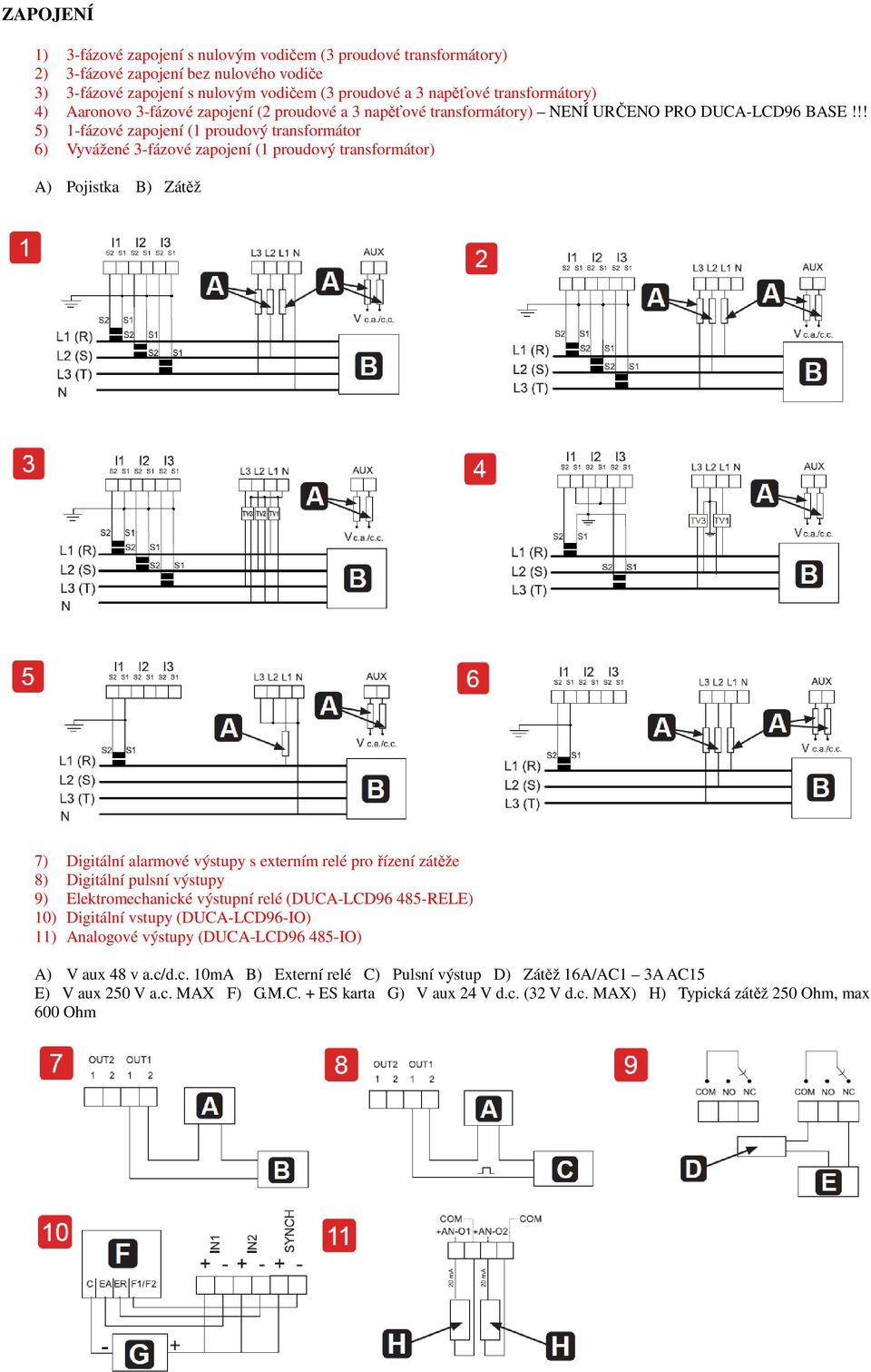 !! 5) 1-fázové zapojení (1 proudový transformátor 6) Vyvážené 3-fázové zapojení (1 proudový transformátor) A) Pojistka B) Zátěž 7) Digitální alarmové výstupy s externím relé pro řízení zátěže 8)
