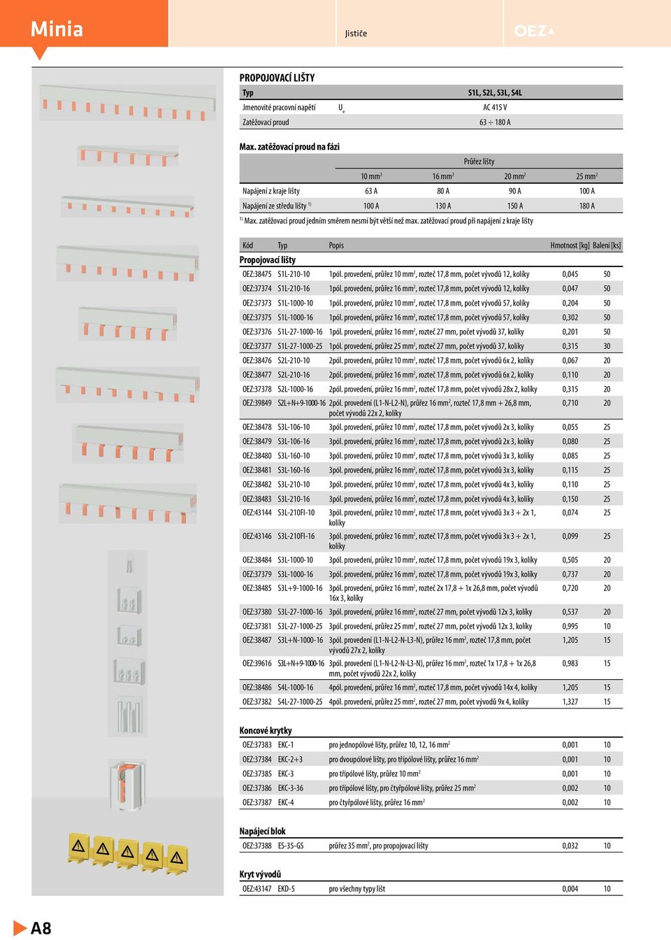 zatěžovací proud jedním směrem nesmí být větší než max. zatěžovací proud při napájení z kraje lišty Propojovací lišty OEZ:38475 S1L-210-10 1pól.