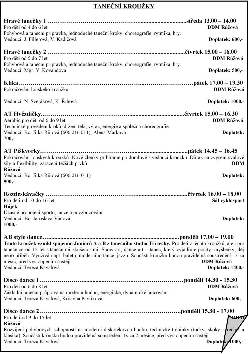 doucí: Mgr. V. Kovandová Doplatek: 500,- Klika... pátek 17.00 19.30 Pokračování loňského kroužku. Vedoucí: N. Svěráková, K. Říhová Doplatek: 1000,- AT Hvězdičky.....čtvrtek 15.00 16.