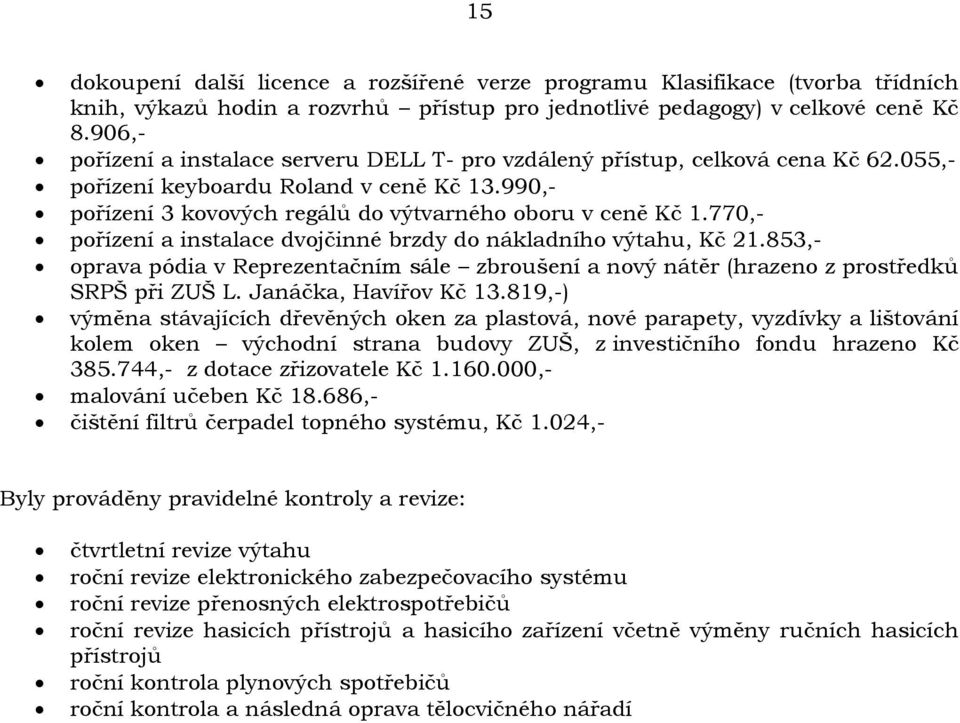 770,- pořízení a instalace dvojčinné brzdy do nákladního výtahu, Kč 21.853,- oprava pódia v Reprezentačním sále zbroušení a nový nátěr (hrazeno z prostředků SRPŠ při ZUŠ L. Janáčka, Havířov Kč 13.