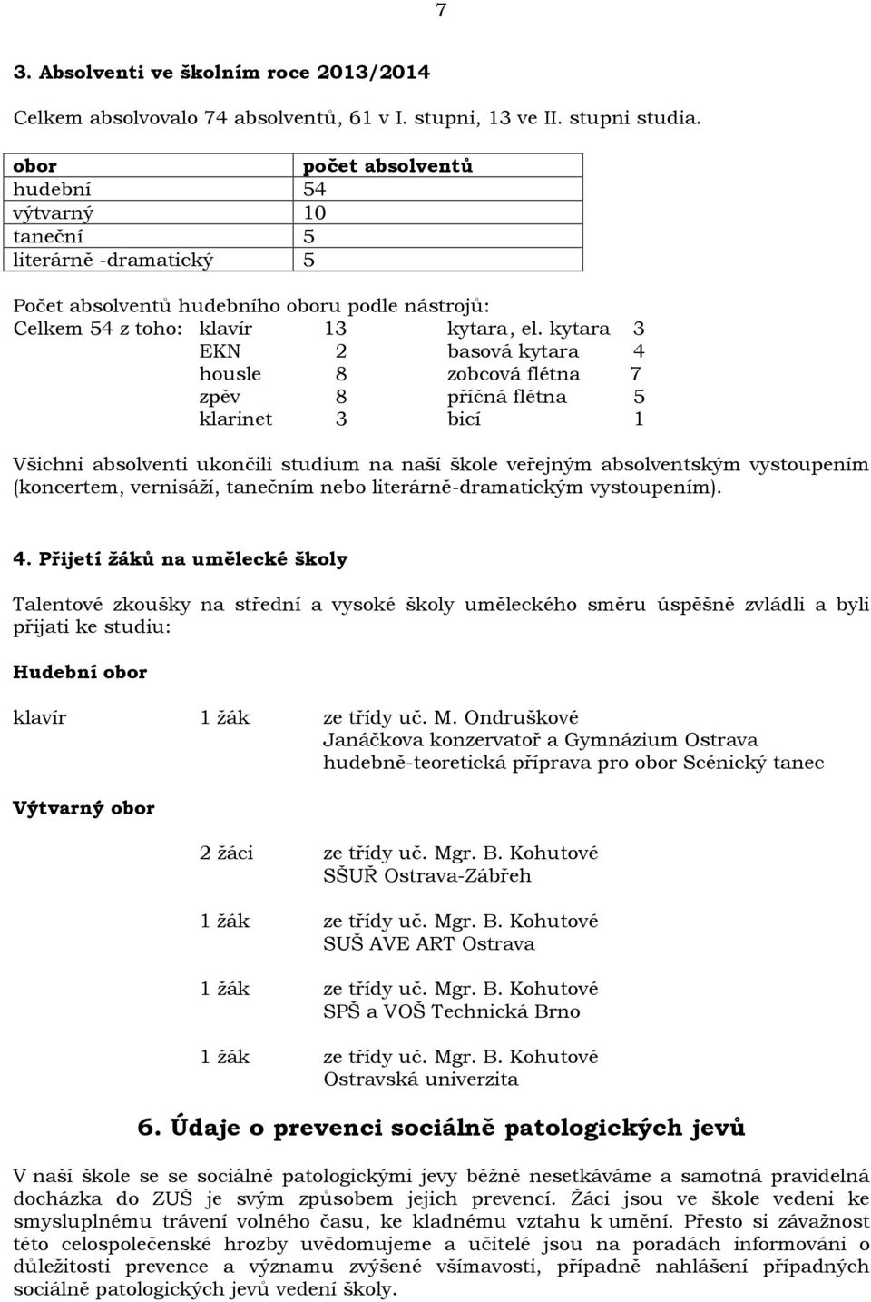 kytara 3 EKN 2 basová kytara 4 housle 8 zobcová flétna 7 zpěv 8 příčná flétna 5 klarinet 3 bicí 1 Všichni absolventi ukončili studium na naší škole veřejným absolventským vystoupením (koncertem,