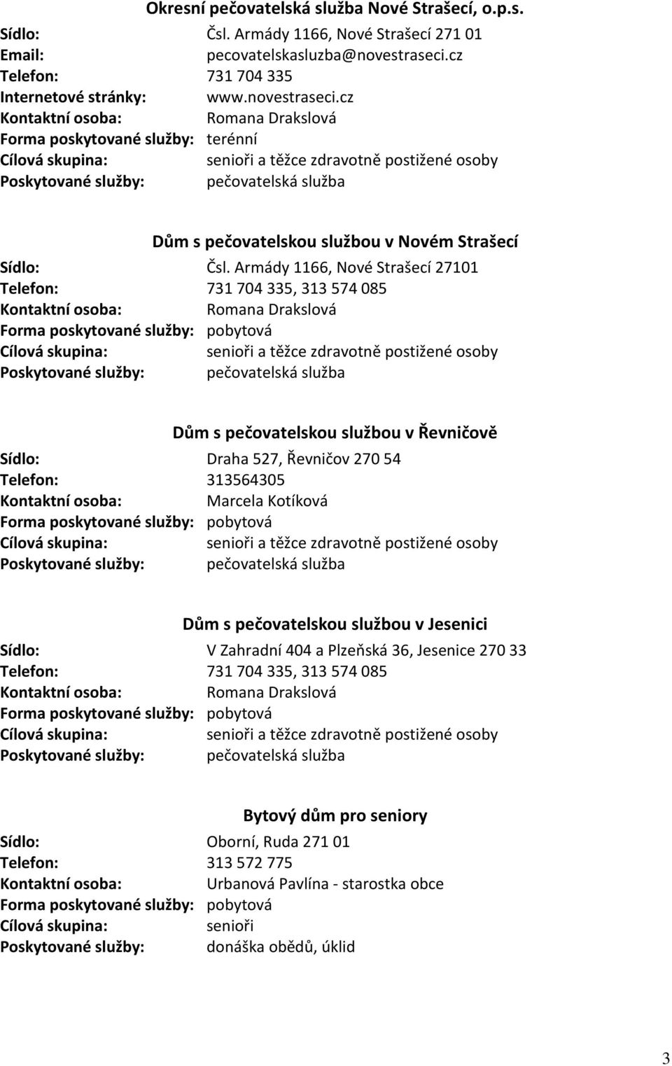 cz Romana Drakslová Forma poskytované služby: terénní senioři a těžce zdravotně postižené osoby Dům s pečovatelskou službou v Novém Strašecí Sídlo: Čsl.