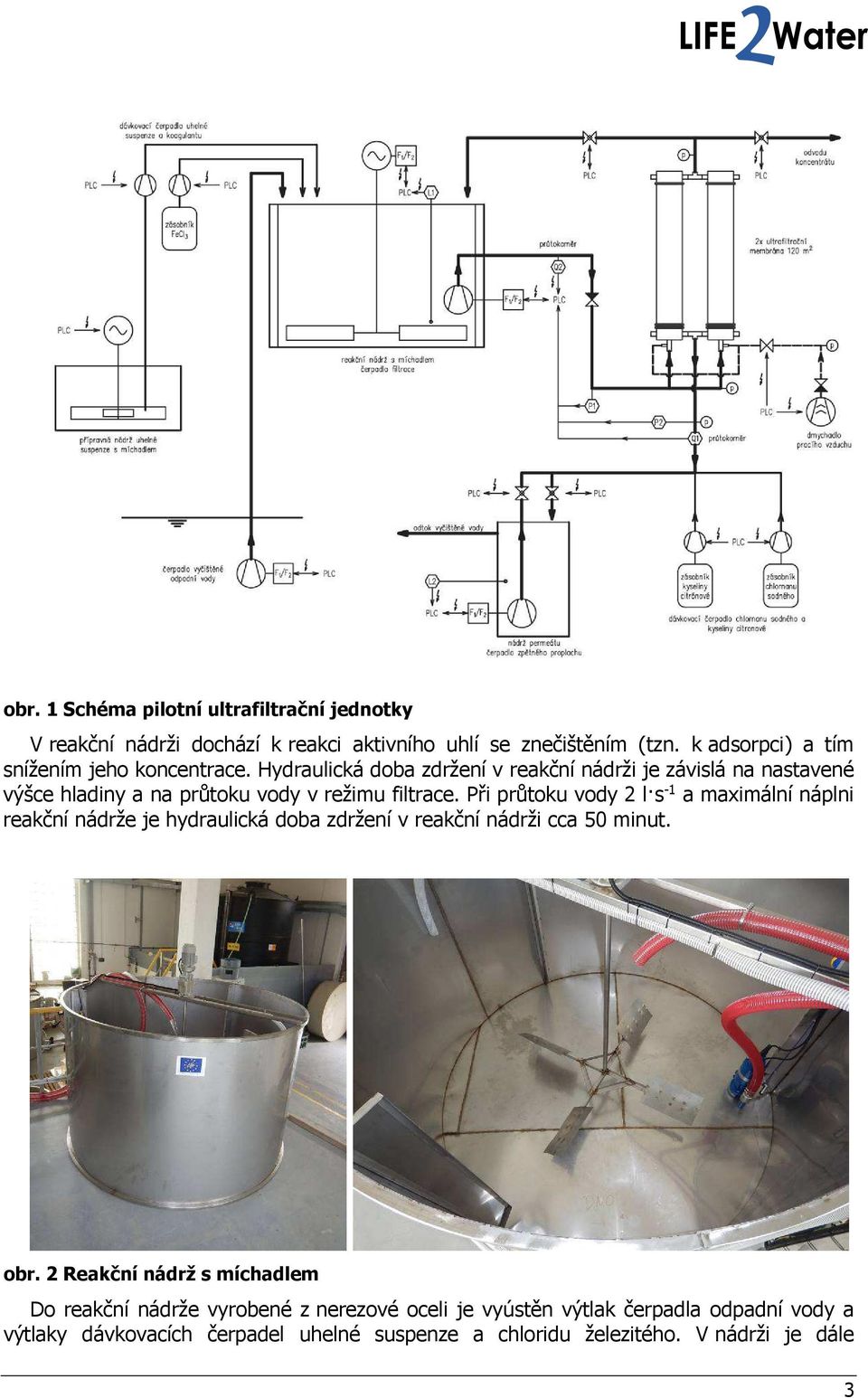 Hydraulická doba zdržení v reakční nádrži je závislá na nastavené výšce hladiny a na průtoku vody v režimu filtrace.