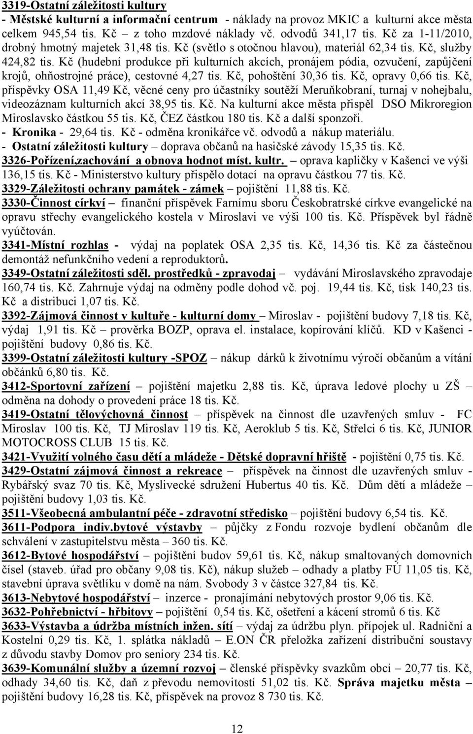 Kč (hudební produkce při kulturních akcích, pronájem pódia, ozvučení, zapůjčení krojů, ohňostrojné práce), cestovné 4,27 tis. Kč, pohoštění 30,36 tis. Kč, opravy 0,66 tis.