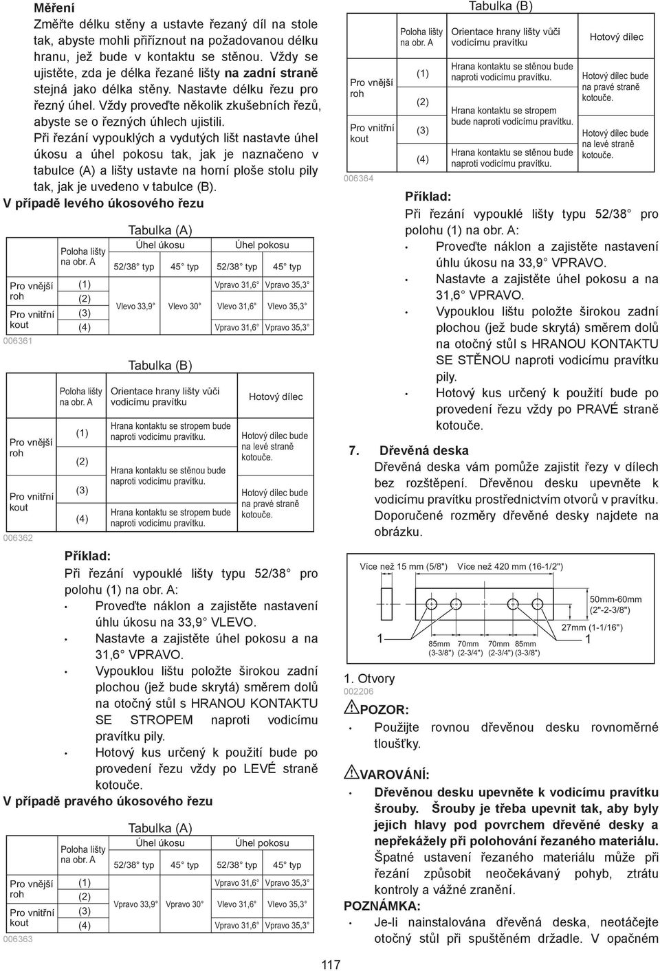 P i ezání vypouklých a vydutých lišt nastavte úhel úkosu a úhel pokosu tak, jak je nazna eno v tabulce (A) a lišty ustavte na horní ploše stolu pily tak, jak je uvedeno v tabulce (B).