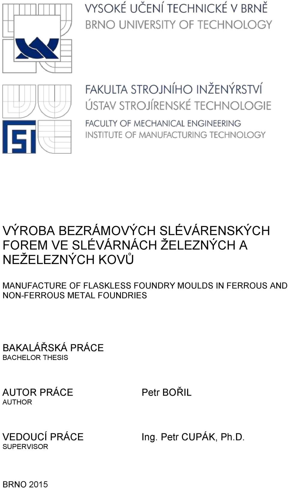 NON-FERROUS METAL FOUNDRIES BAKALÁŘSKÁ PRÁCE BACHELOR THESIS AUTOR