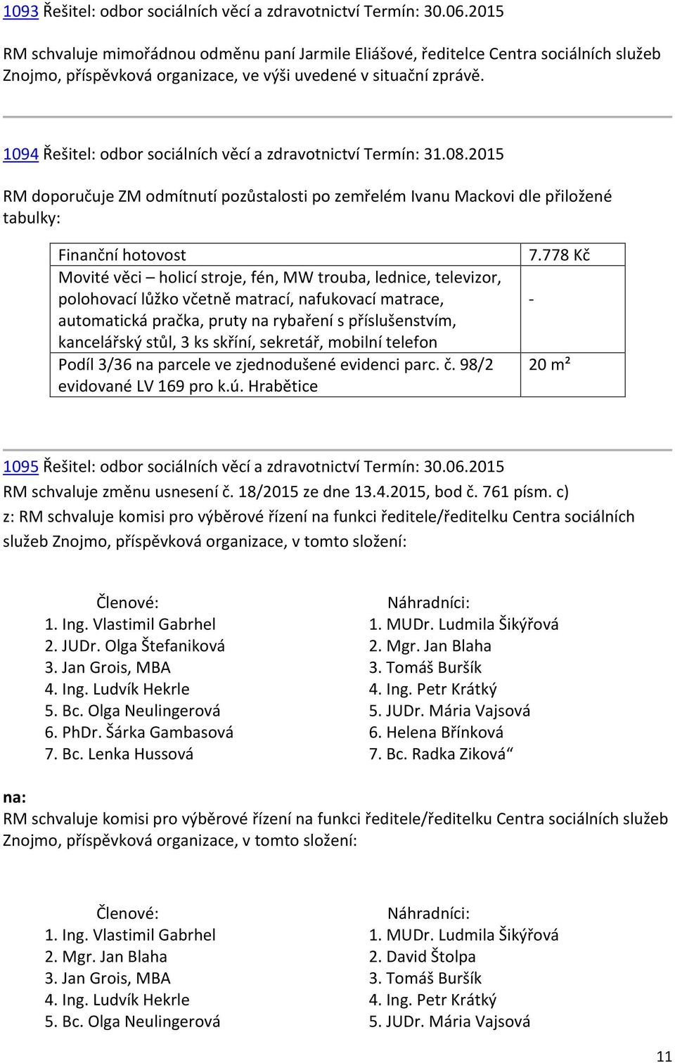 1094 Řešitel: odbor sociálních věcí a zdravotnictví Termín: 31.08.