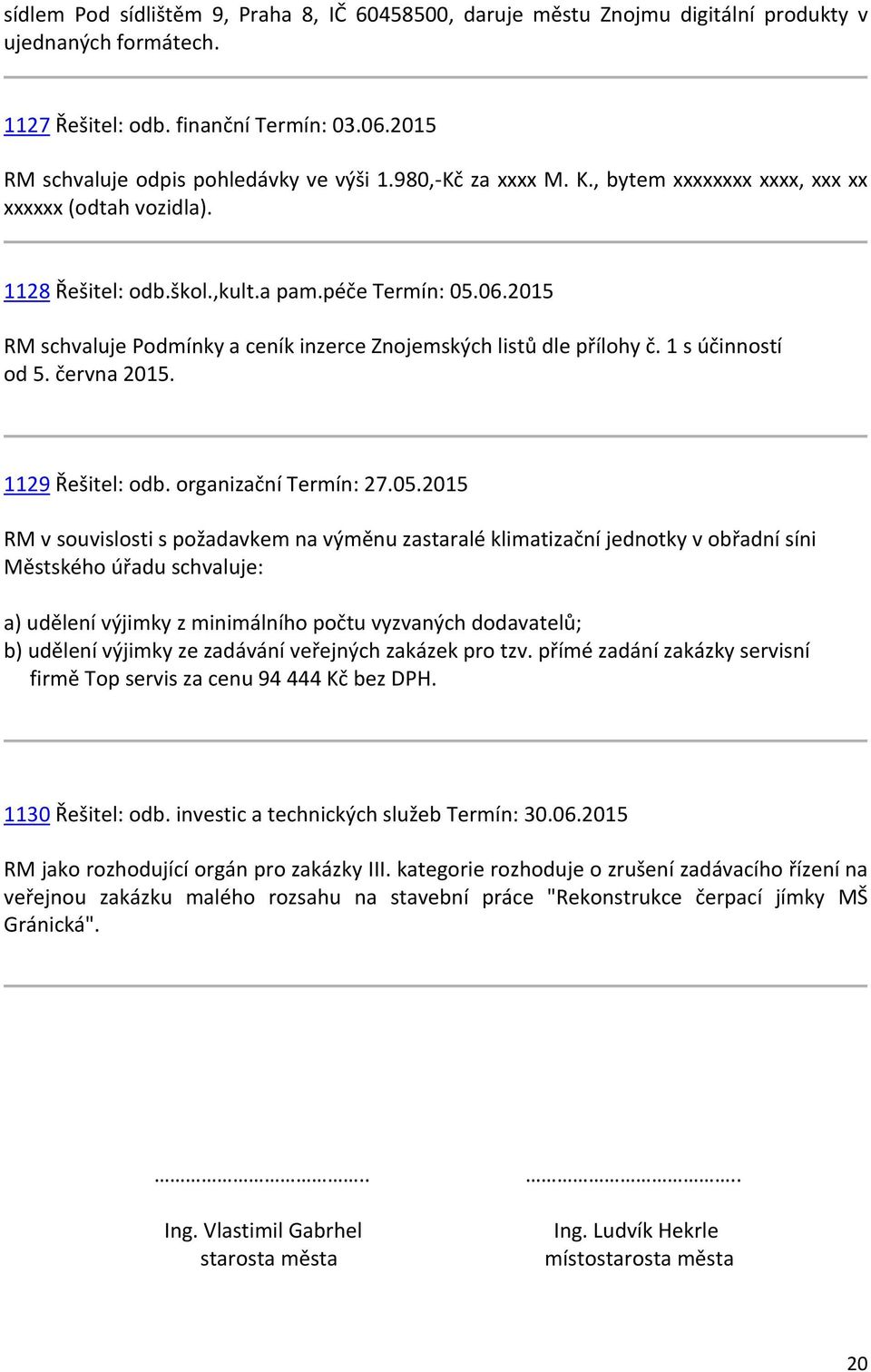 2015 RM schvaluje Podmínky a ceník inzerce Znojemských listů dle přílohy č. 1 s účinností od 5. června 2015. 1129 Řešitel: odb. organizační Termín: 27.05.