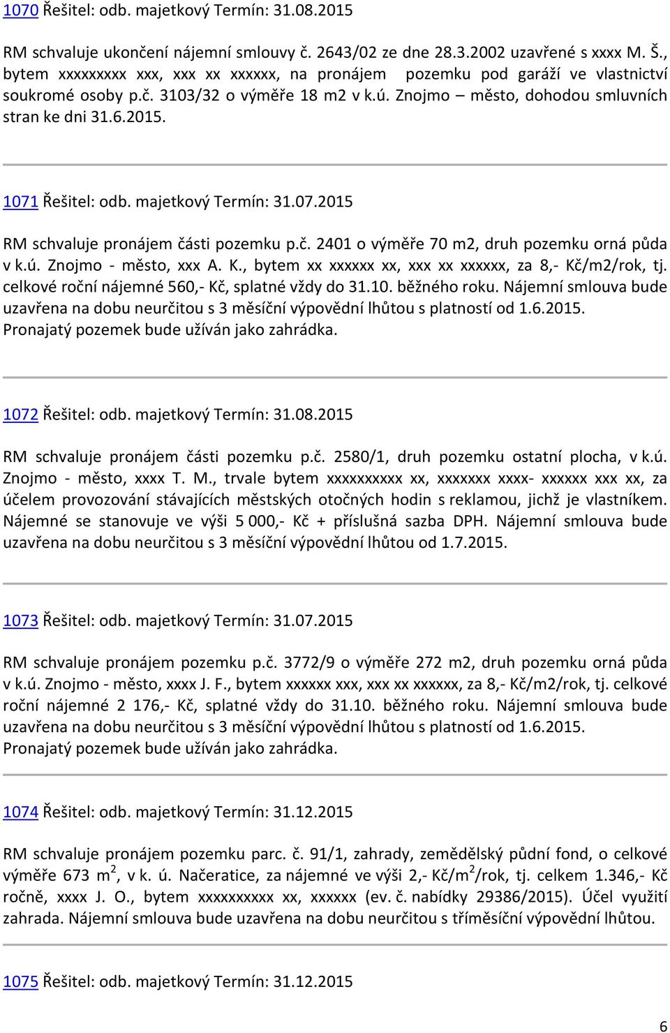 1071 Řešitel: odb. majetkový Termín: 31.07.2015 RM schvaluje pronájem části pozemku p.č. 2401 o výměře 70 m2, druh pozemku orná půda v k.ú. Znojmo - město, xxx A. K.