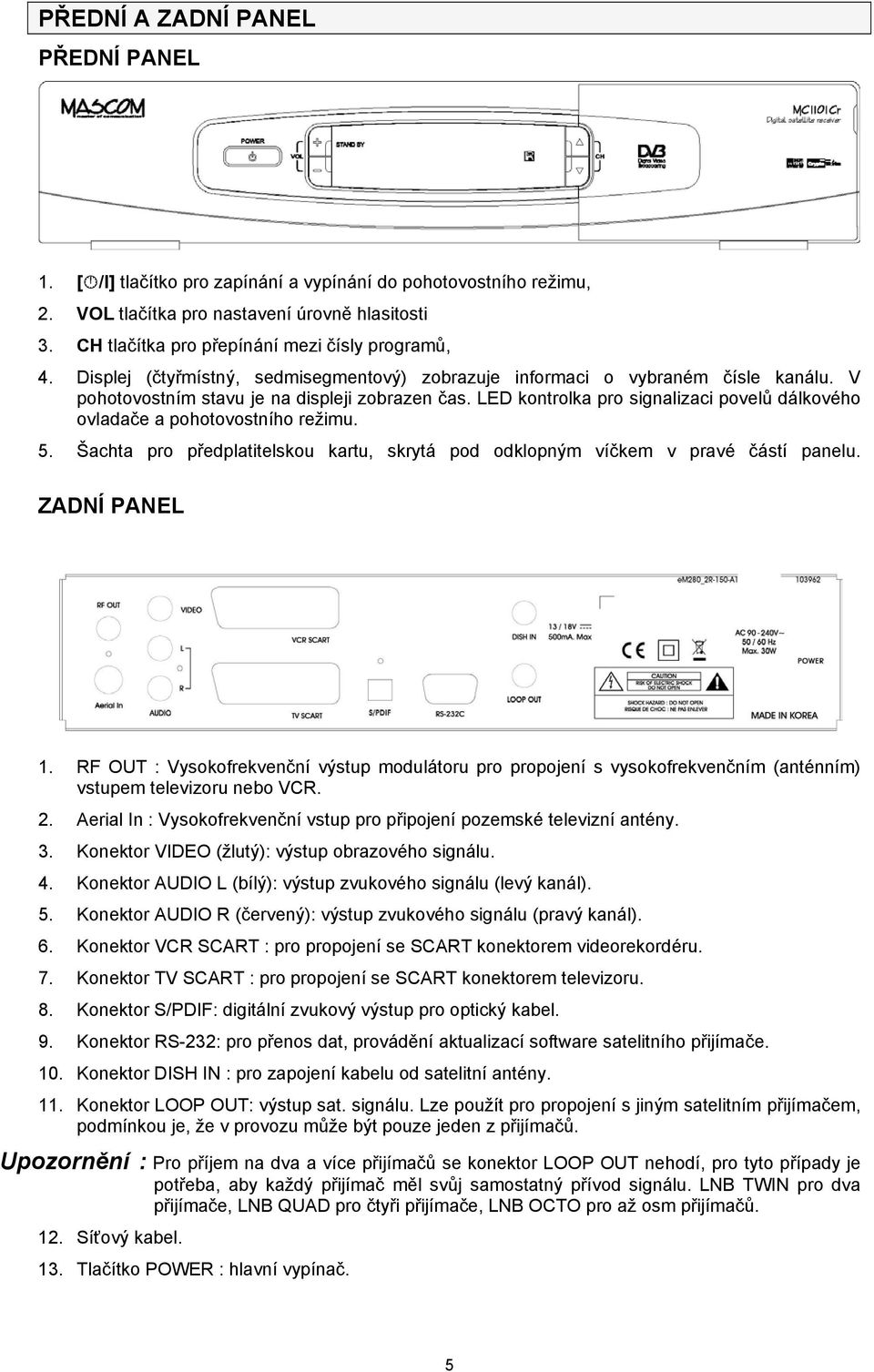 LED kontrolka pro signalizaci povelů dálkového ovladače a pohotovostního režimu. 5. Šachta pro předplatitelskou kartu, skrytá pod odklopným víčkem v pravé částí panelu. ZADNÍ PANEL 1.