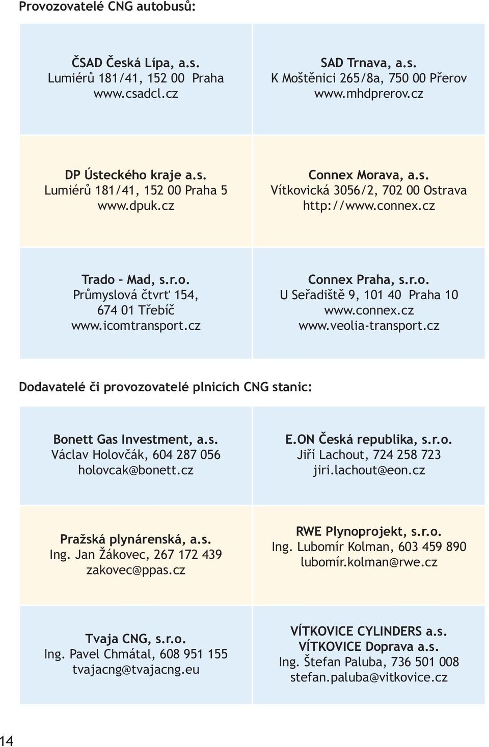 connex.cz www.veolia-transport.cz Dodavatelé či provozovatelé plnicích CNG stanic: Bonett Gas Investment, a.s. Václav Holovčák, 604 287 056 holovcak@bonett.cz E.ON Česká republika, s.r.o. Jiří Lachout, 724 258 723 jiri.