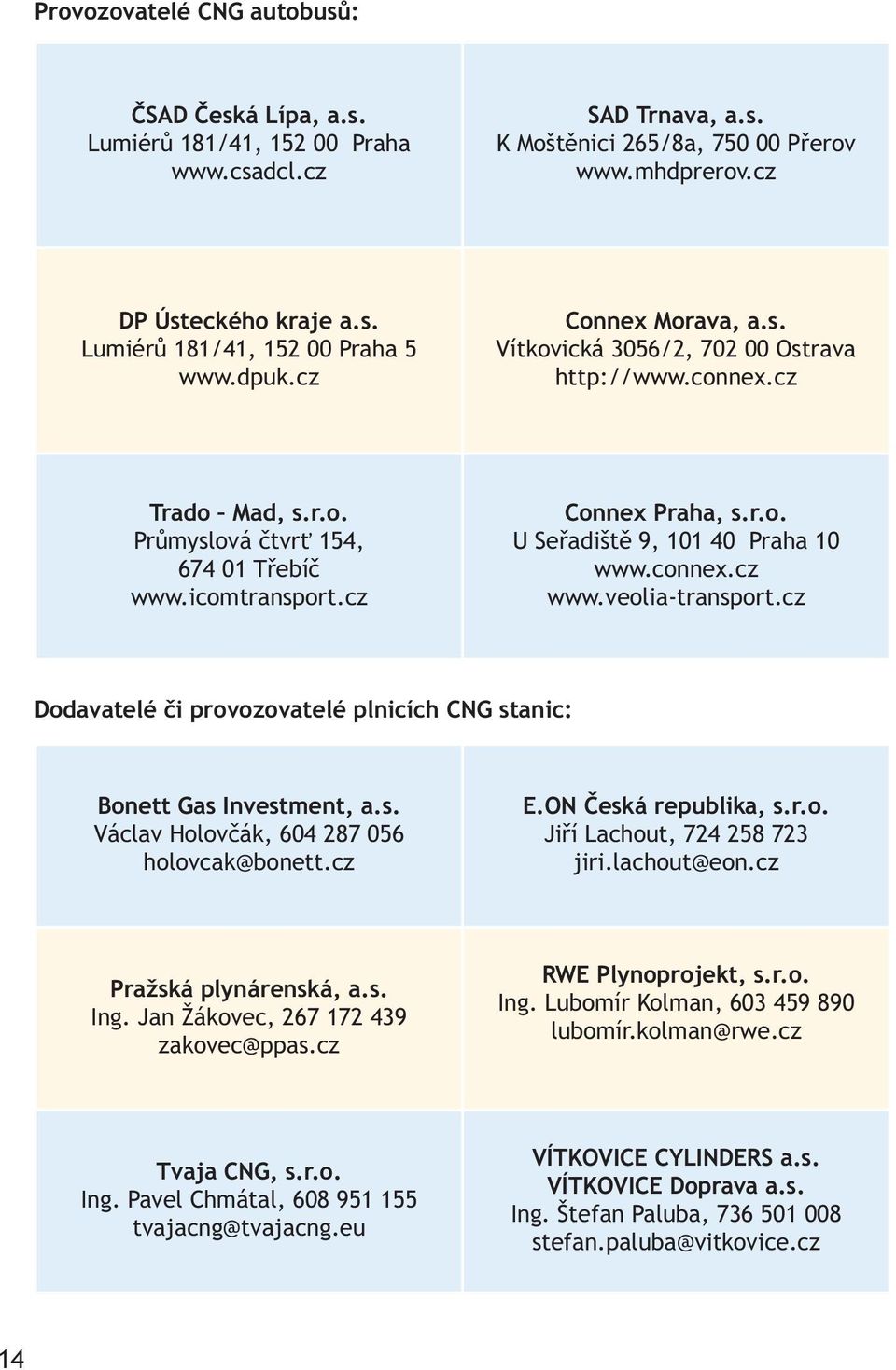 connex.cz www.veolia-transport.cz Dodavatelé či provozovatelé plnicích CNG stanic: Bonett Gas Investment, a.s. Václav Holovčák, 604 287 056 holovcak@bonett.cz E.ON Česká republika, s.r.o. Jiří Lachout, 724 258 723 jiri.