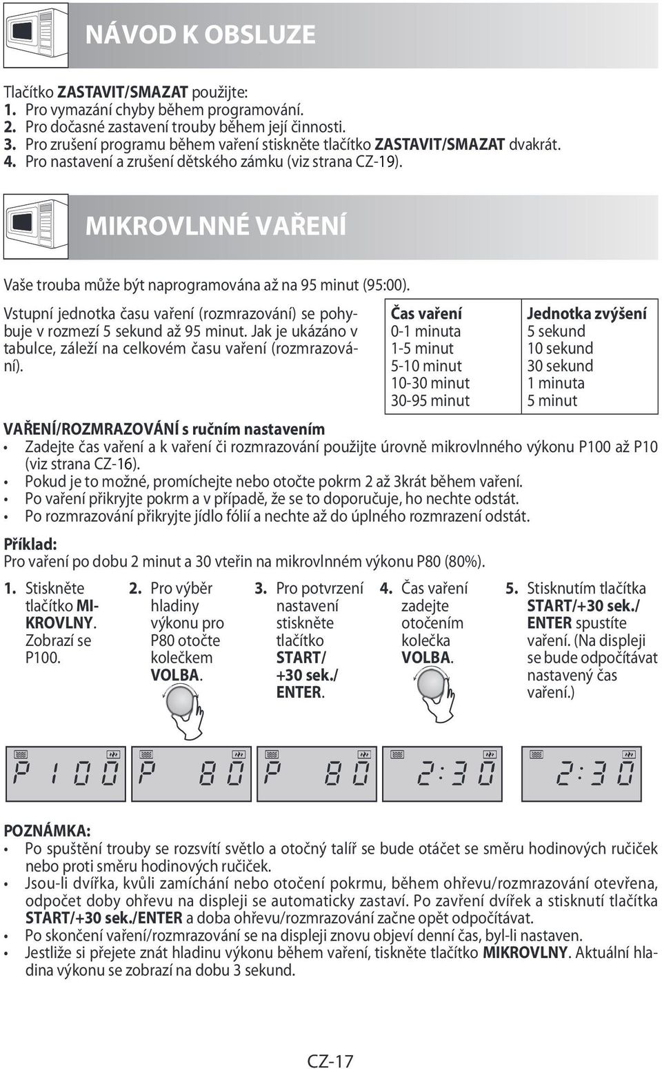 MIKROVLNNÉ VAŘENÍ Vaše trouba může být naprogramována až na 95 minut (95:00). Vstupní jednotka času vaření (rozmrazování) se pohybuje v rozmezí 5 sekund až 95 minut.