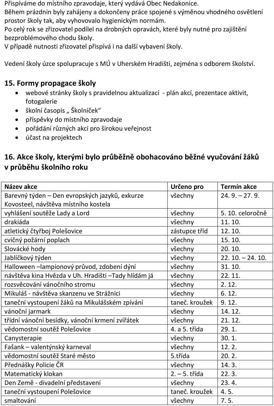 Po celý rok se zřizovatel podílel na drobných opravách, které byly nutné pro zajištění bezproblémového chodu školy. V případě nutnosti zřizovatel přispívá i na další vybavení školy.