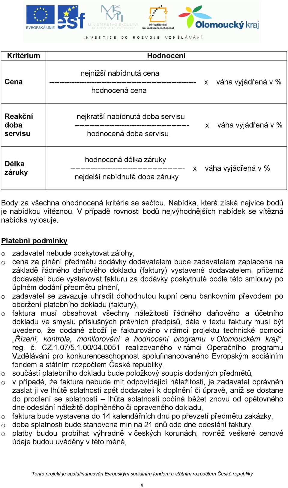 v % x váha vyjádřená v % váha vyjádřená v % Body za všechna ohodnocená kritéria se sečtou. Nabídka, která získá nejvíce bodů je nabídkou vítěznou.