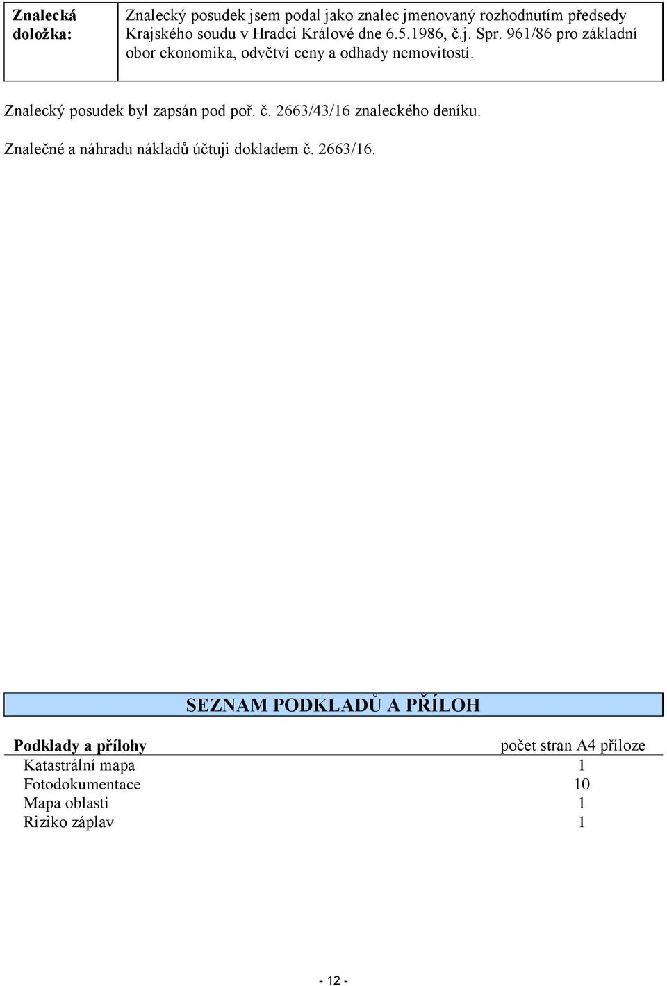 Znalecký posudek byl zapsán pod poř. č. 2663/43/16 znaleckého deníku. Znalečné a náhradu nákladů účtuji dokladem č.