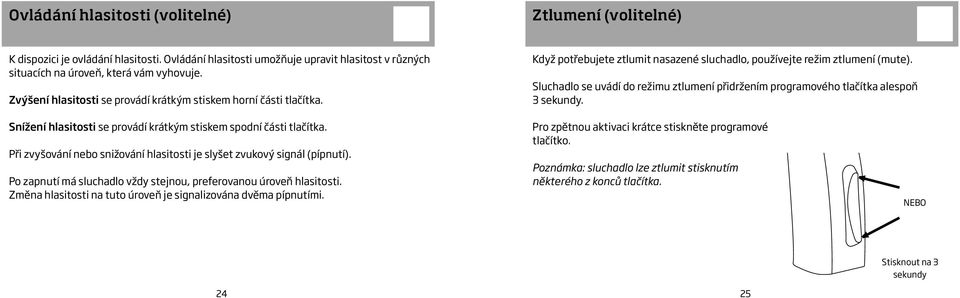 Sluchadlo se uvádí do režimu ztlumení přidržením programového tlačítka alespoň 3 sekundy. Snížení hlasitosti se provádí krátkým stiskem spodní části tlačítka.