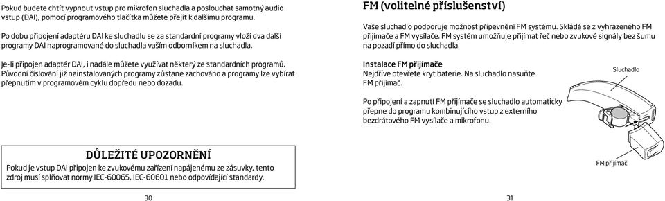 FM (volitelné příslušenství) Vaše sluchadlo podporuje možnost připevnění FM systému. Skládá se z vyhrazeného FM přijímače a FM vysílače.