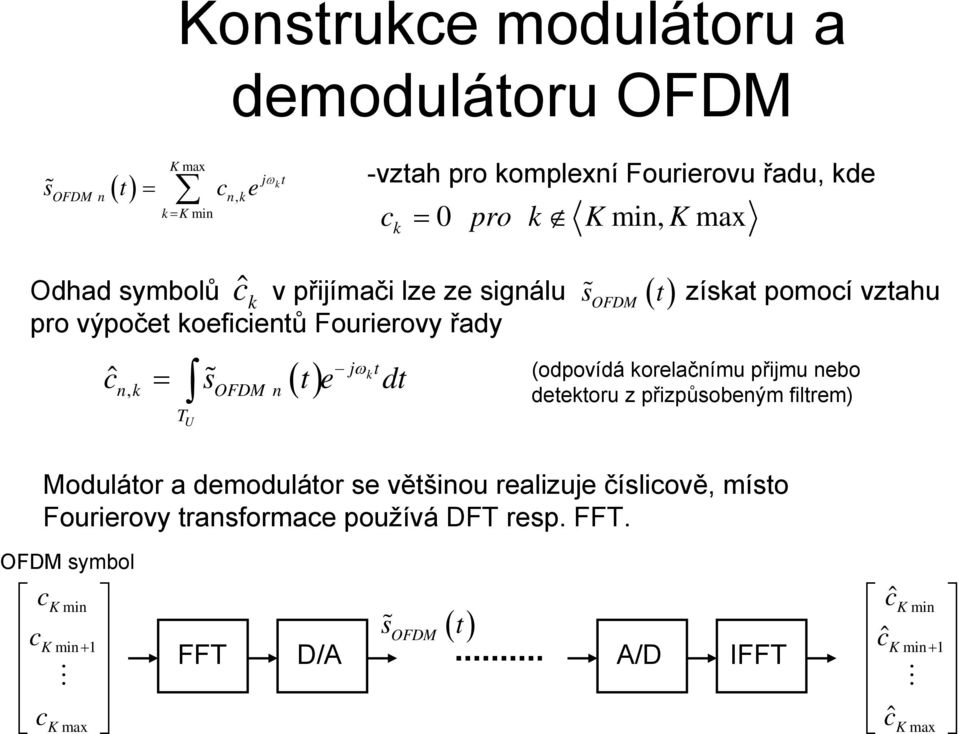 Fourierovy řady OFDM n ( ) (odpovídá korelačnímu přijmu nebo detektoru z přizpůsobeným filtrem) Modulátor a demodulátor se většinou realizuje