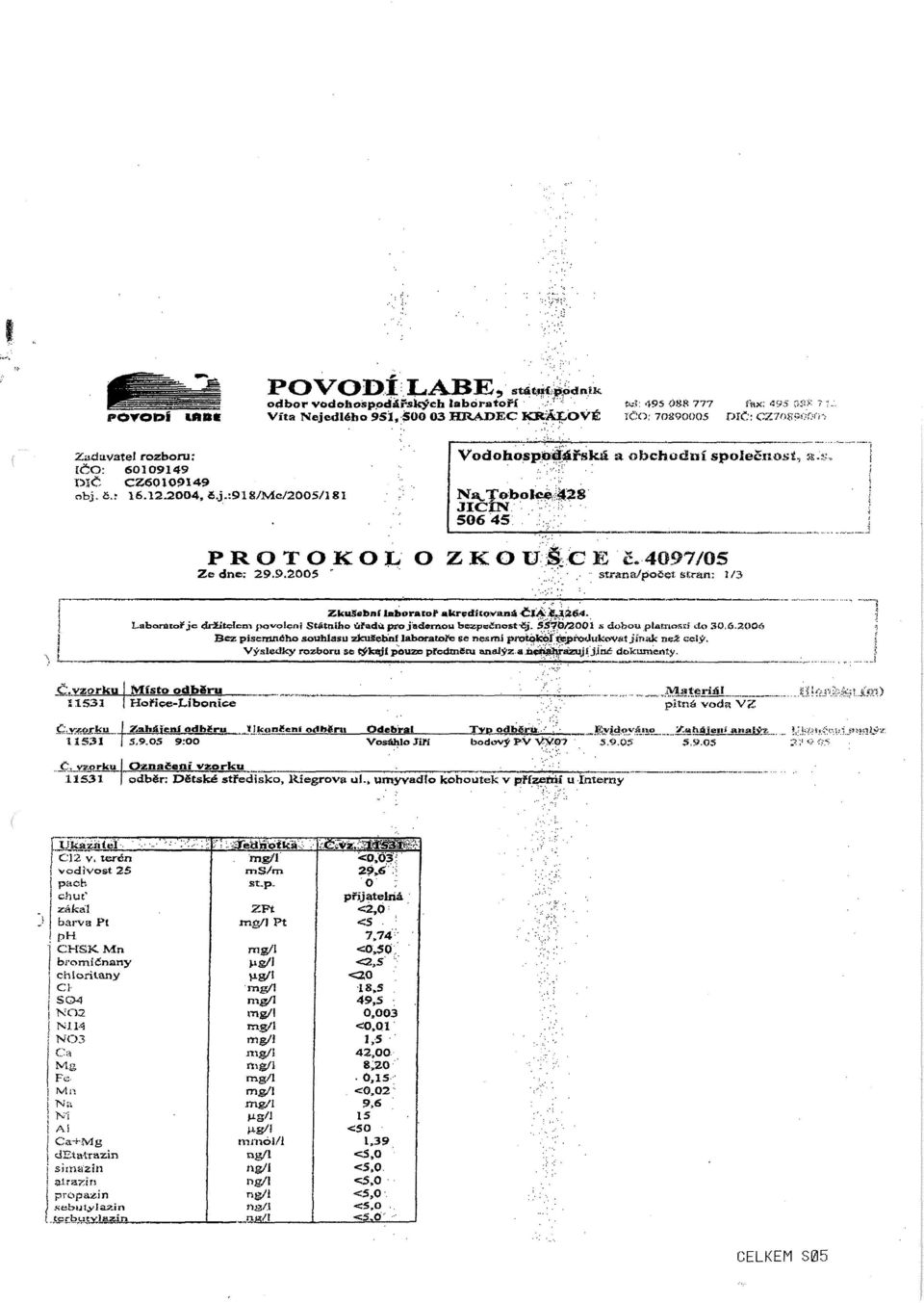 i ]VA,Tobolee;Ä28 JlCrø;'. 506 45 PROTOKOL O ZKO ü Sį C EL 4097/05 Ze dne: 29.9.Ż005 ' strana/počet stran: 1/3 ZkuSebnf laboralof akreditovaná ČIA.<,JS6'J.