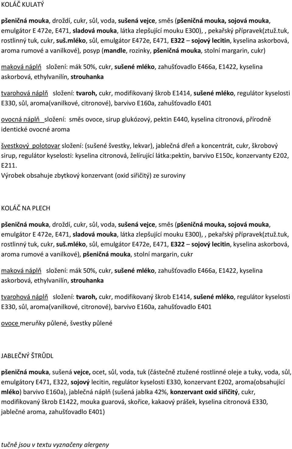 mléko, sůl, emulgátor E472e, E471, E322 sojový lecitin, kyselina askorbová, aroma rumové a vanilkové), posyp (mandle, rozinky, pšeničná mouka, stolní margarin, cukr) maková náplň složení: mák 50%,