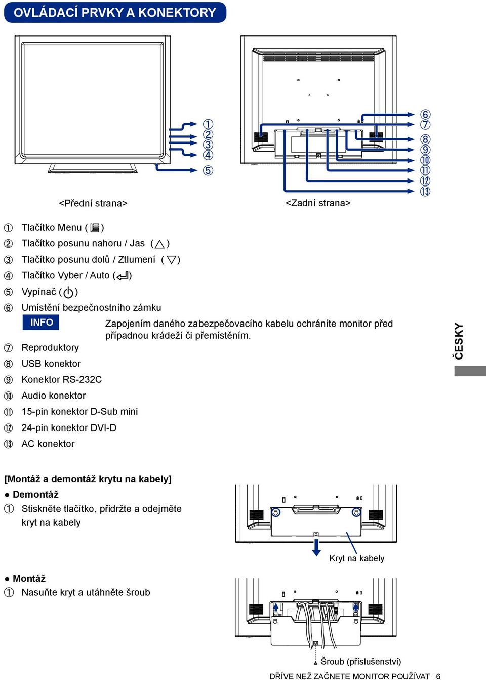 DVI-D AC konektor Zapojením daného zabezpečovacího kabelu ochráníte monitor před případnou krádeží či přemístěním.