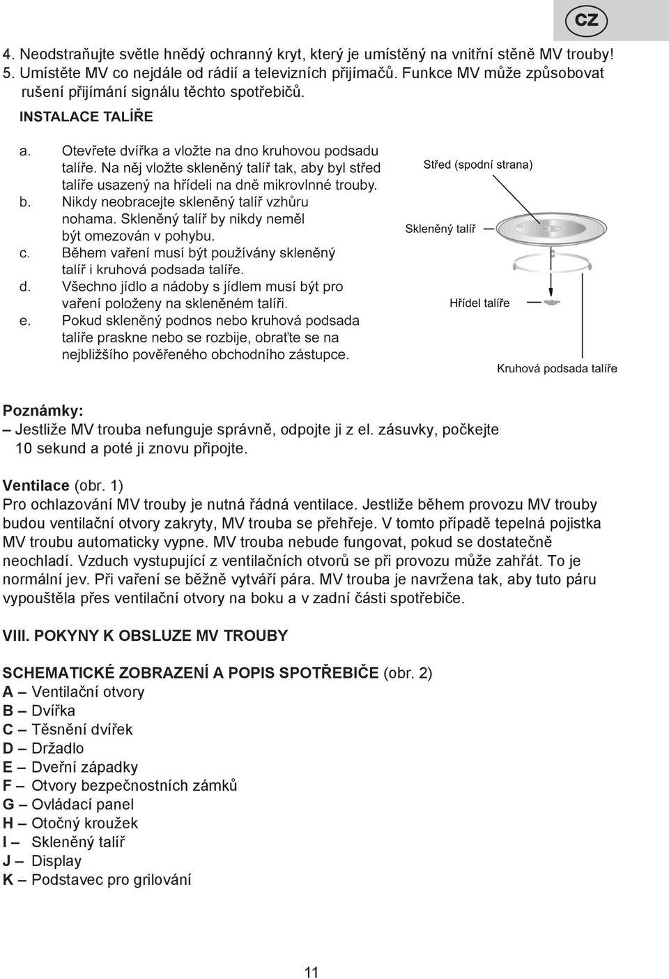Ventilace (obr. 1) Pro ochlazování MV trouby je nutná řádná ventilace. Jestliže během provozu MV trouby budou ventilační otvory zakryty, MV trouba se přehřeje.
