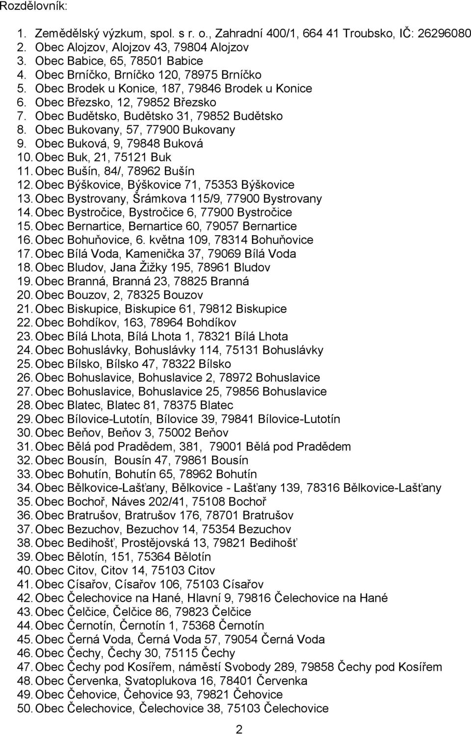 Obec Bukovany, 57, 77900 Bukovany 9. Obec Buková, 9, 79848 Buková 10. Obec Buk, 21, 75121 Buk 11. Obec Bušín, 84/, 78962 Bušín 12. Obec Býškovice, Býškovice 71, 75353 Býškovice 13.