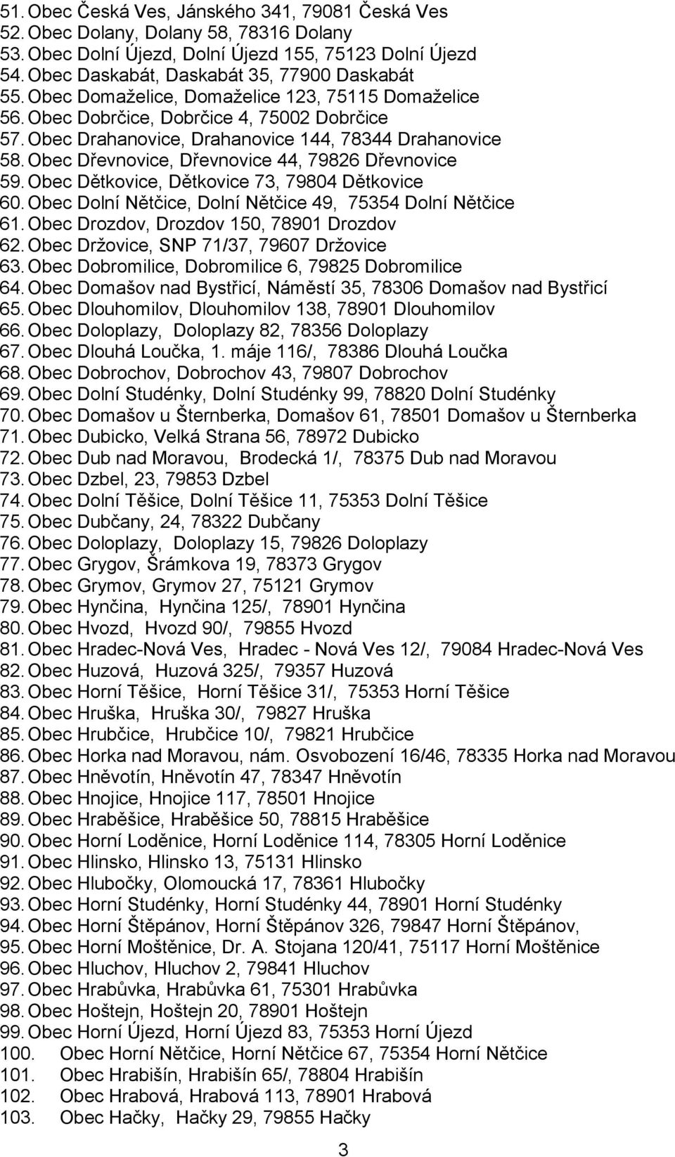 Obec Dřevnovice, Dřevnovice 44, 79826 Dřevnovice 59. Obec Dětkovice, Dětkovice 73, 79804 Dětkovice 60. Obec Dolní Nětčice, Dolní Nětčice 49, 75354 Dolní Nětčice 61.