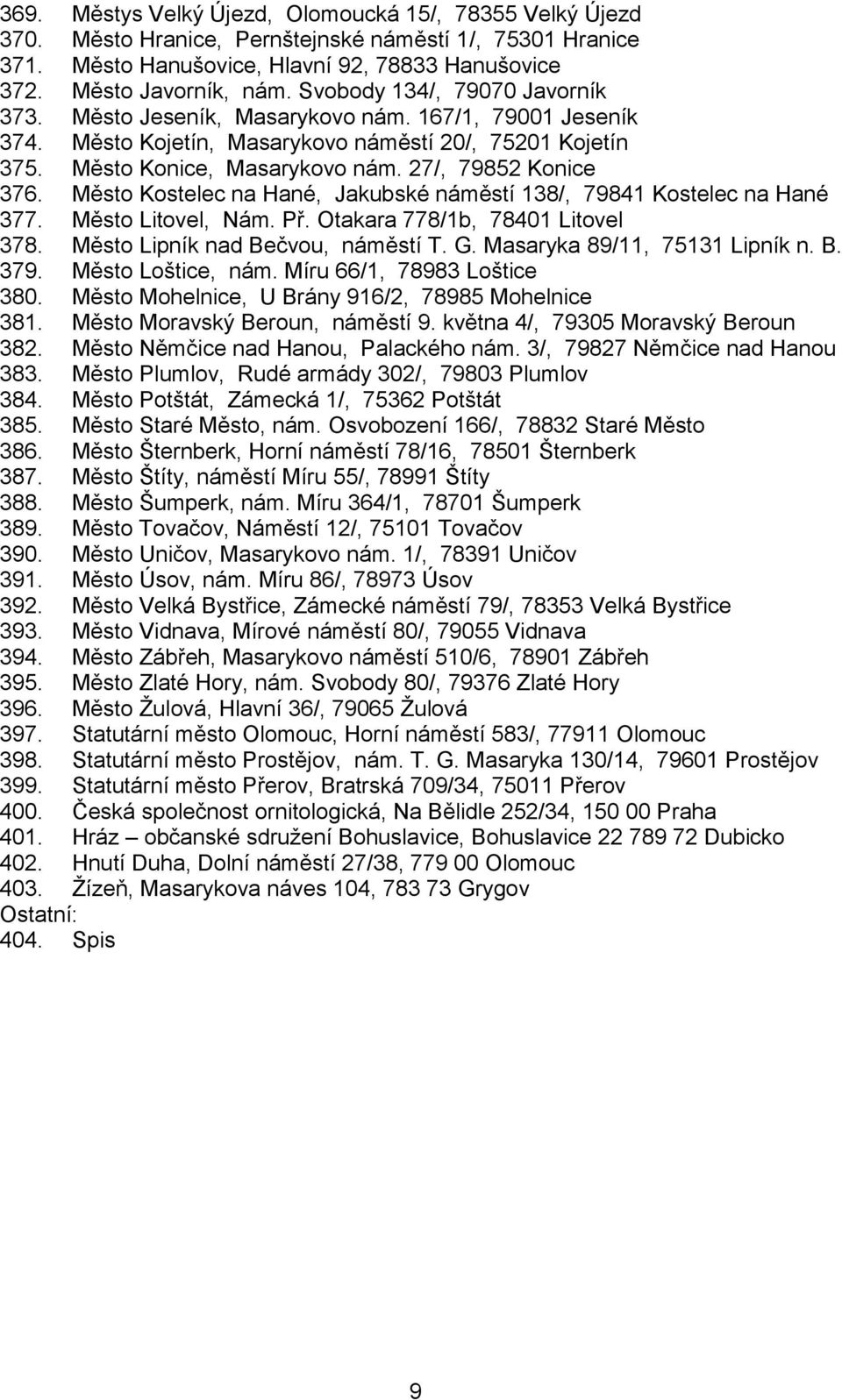 27/, 79852 Konice 376. Město Kostelec na Hané, Jakubské náměstí 138/, 79841 Kostelec na Hané 377. Město Litovel, Nám. Př. Otakara 778/1b, 78401 Litovel 378. Město Lipník nad Bečvou, náměstí T. G.