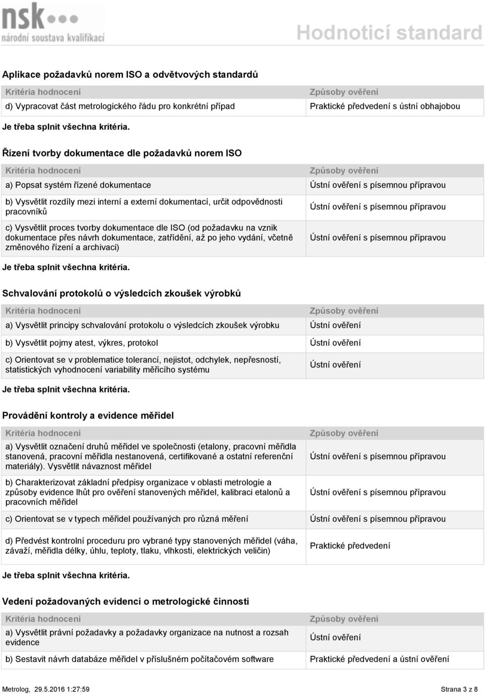 požadavku na vznik dokumentace přes návrh dokumentace, zatřídění, až po jeho vydání, včetně změnového řízení a archivaci) s písemnou přípravou s písemnou přípravou Schvalování protokolů o výsledcích