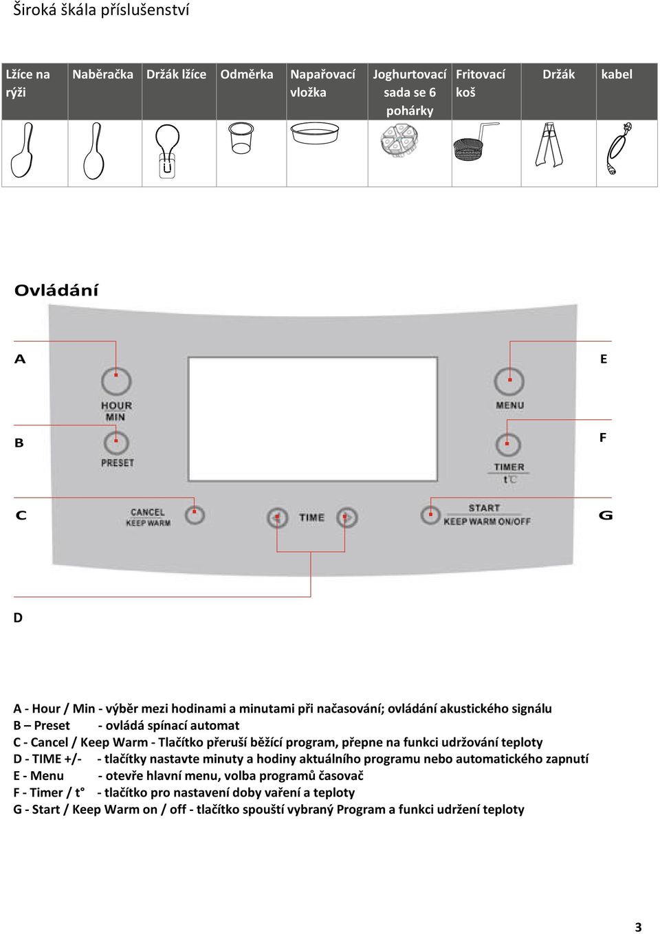 program, přepne na funkci udržování teploty D - TIME +/- - tlačítky nastavte minuty a hodiny aktuálního programu nebo automatického zapnutí E - Menu - otevře hlavní menu,