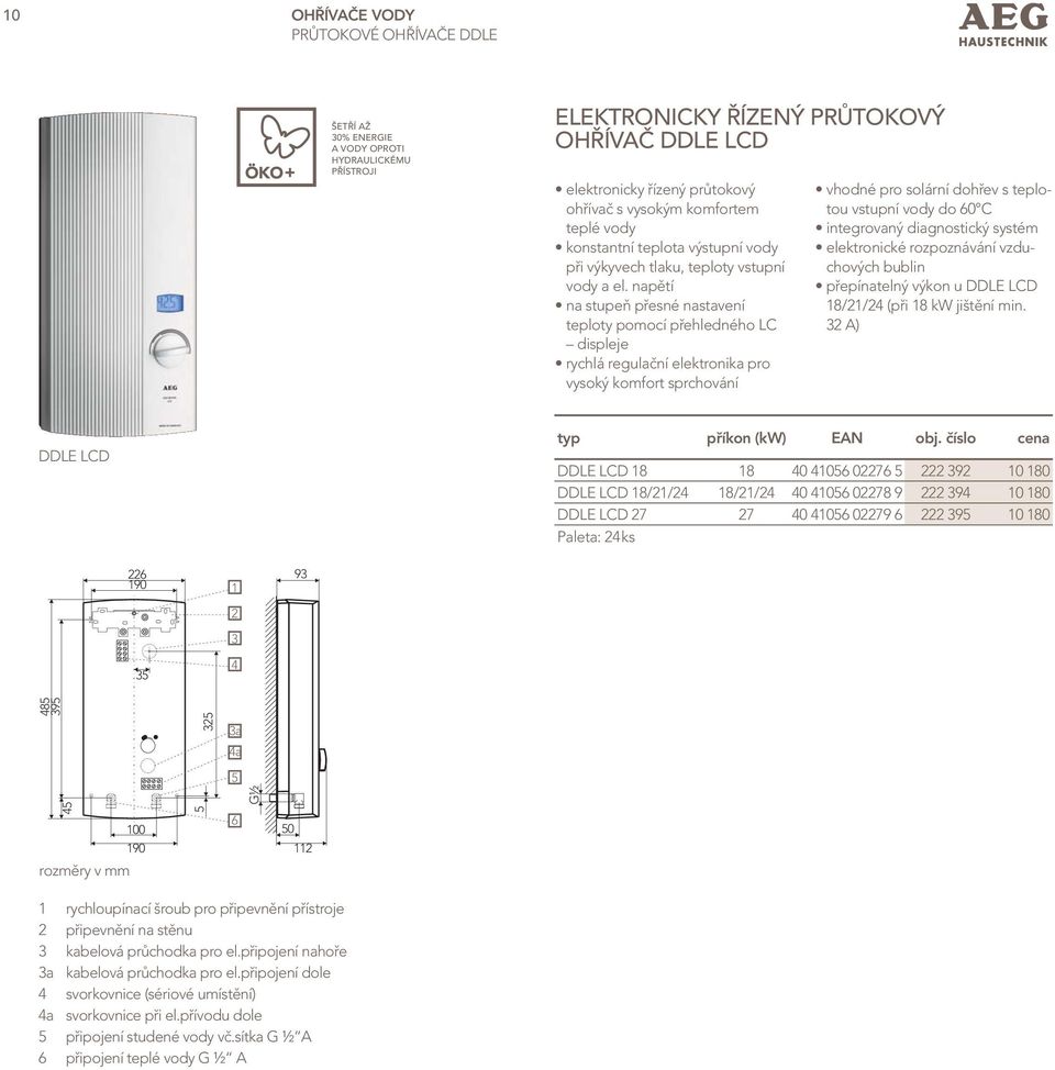 napětí na stupeň přesné nastavení teploty pomocí přehledného LC displeje rychlá regulační elektronika pro vysoký komfort sprchování vhodné pro solární dohřev s teplotou vstupní vody do 60 C