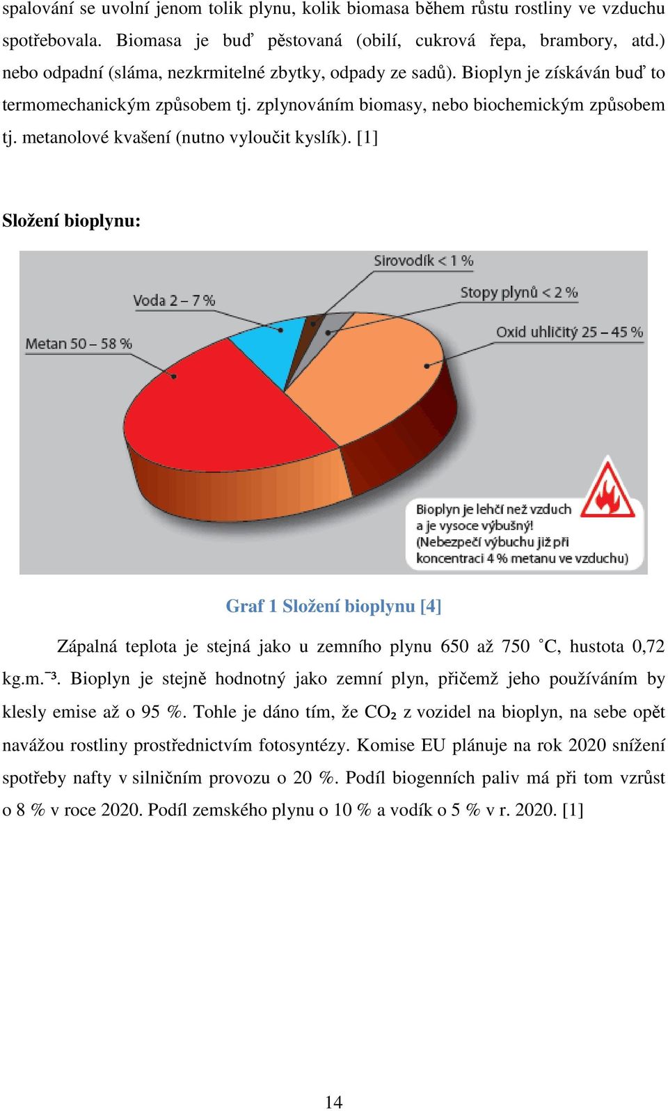 metanolové kvašení (nutno vyloučit kyslík). [1] Složení bioplynu: Graf 1 Složení bioplynu [4] Zápalná teplota je stejná jako u zemního plynu 650 až 750 C, hustota 0,72 kg.m. ³.